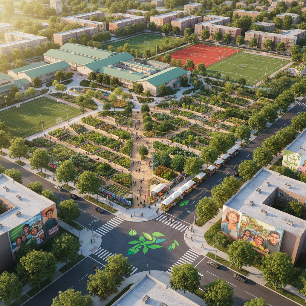 Aerial view of an urban neighborhood with schools, community gardens, and open streets — representing the transition from incarceration to community investment