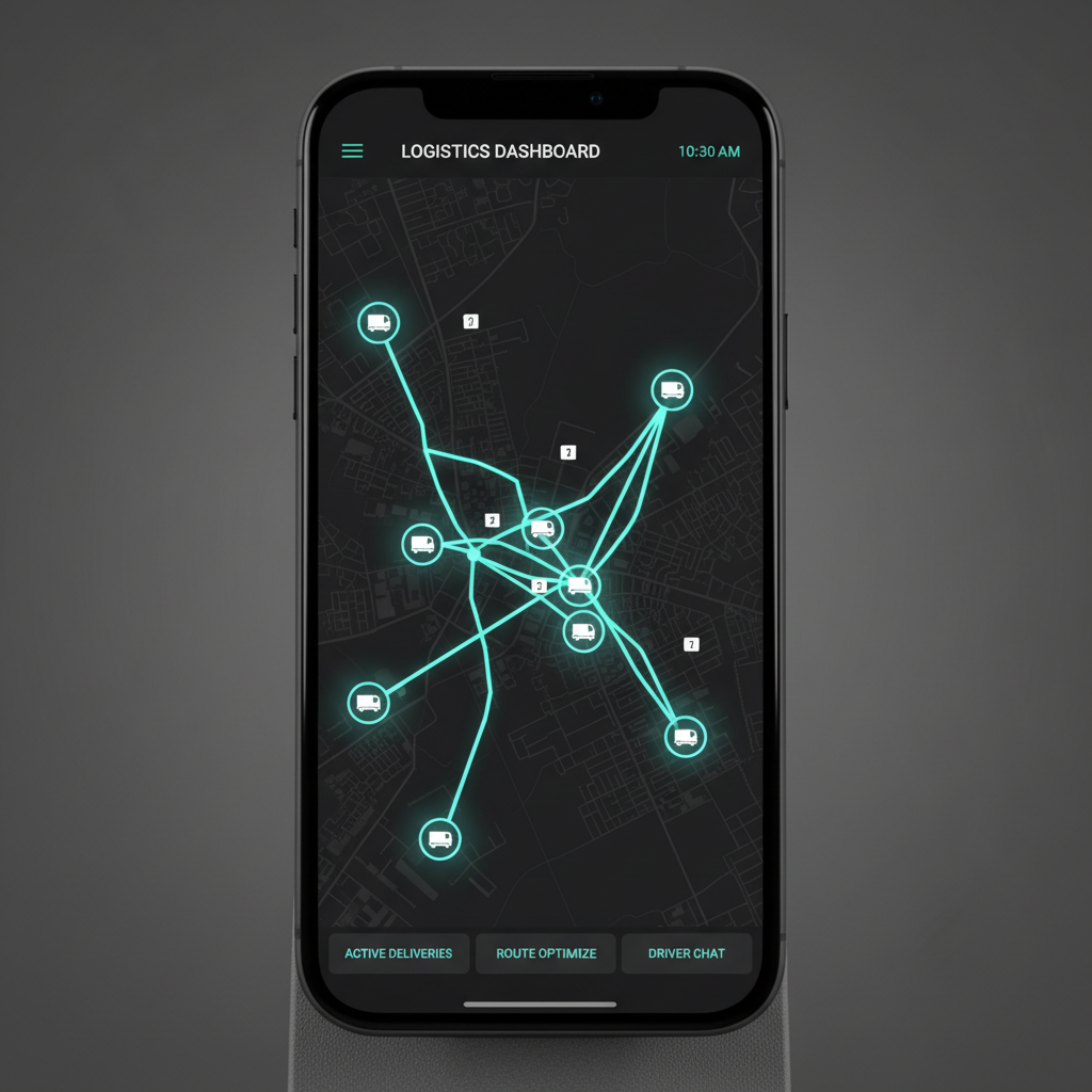 Mobile logistics tracking app showing map view, delivery status, and driver assignment interface