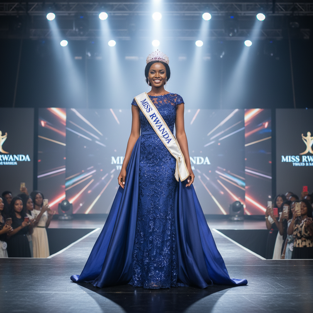 Miss Rwanda contestant in elegant evening gown on stage with crown and sash