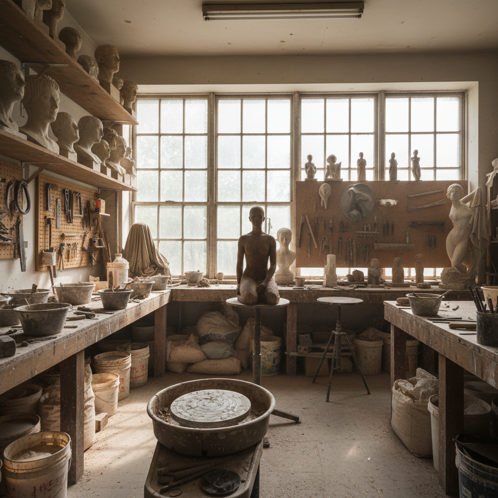 Artist sculpture studio with tools and works-in-progress on shelves