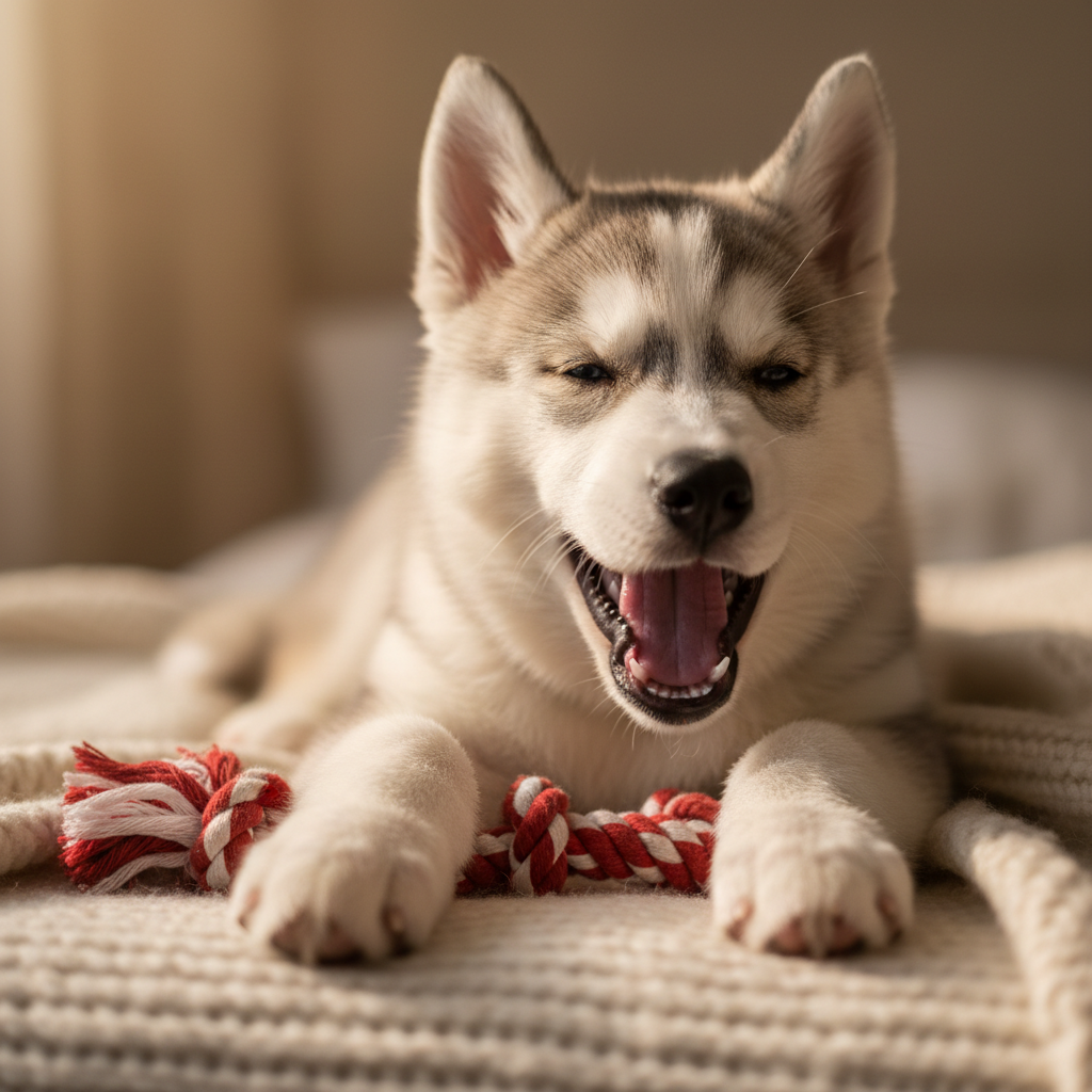 Blue-eyed Siberian husky puppy mid-yawn on a wool blanket, one oversized paw draped over a chew rope, morning light catching individual guard hairs