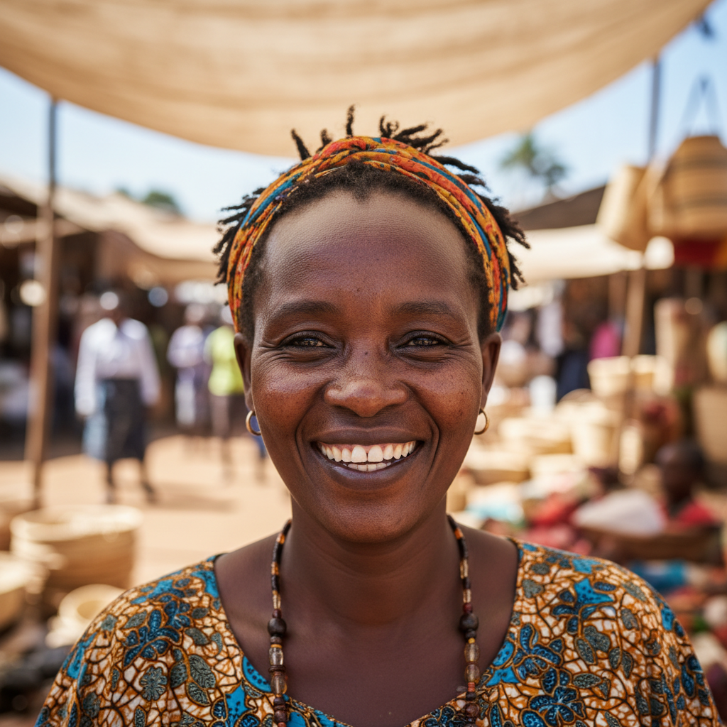 Tanzanian woman with headscarf, warm natural light, friendly and approachable expression