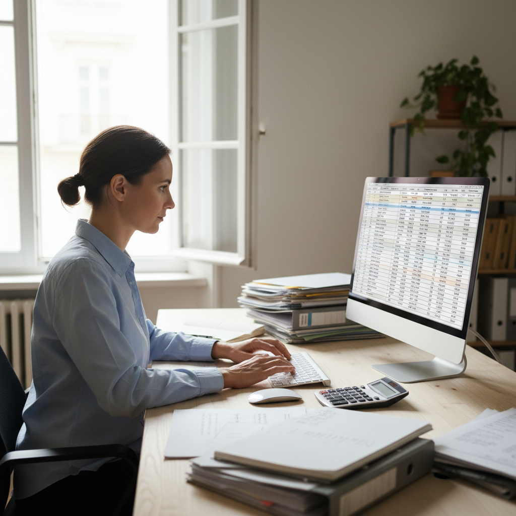 Data entry specialist accurately inputting information into database with organized spreadsheets
