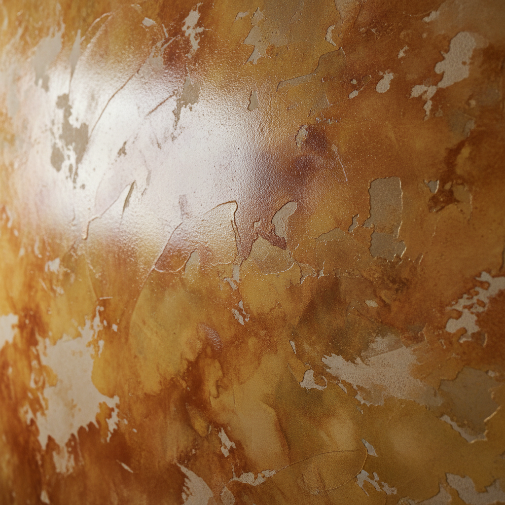 Burnished Venetian plaster wall showing multi-layer application with trowel marks visible in mid-process