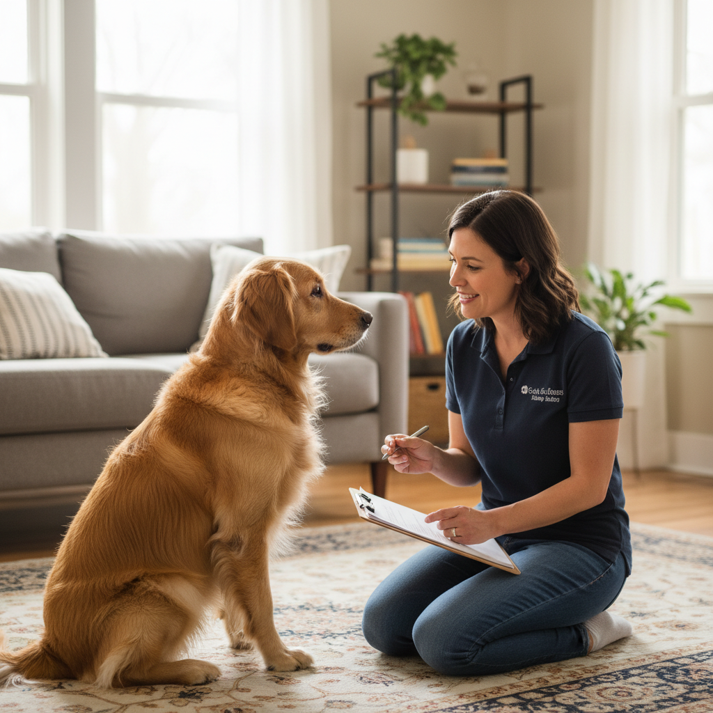 Professional pet sitter conducting intake consultation with a golden retriever sitting attentively during a home visit