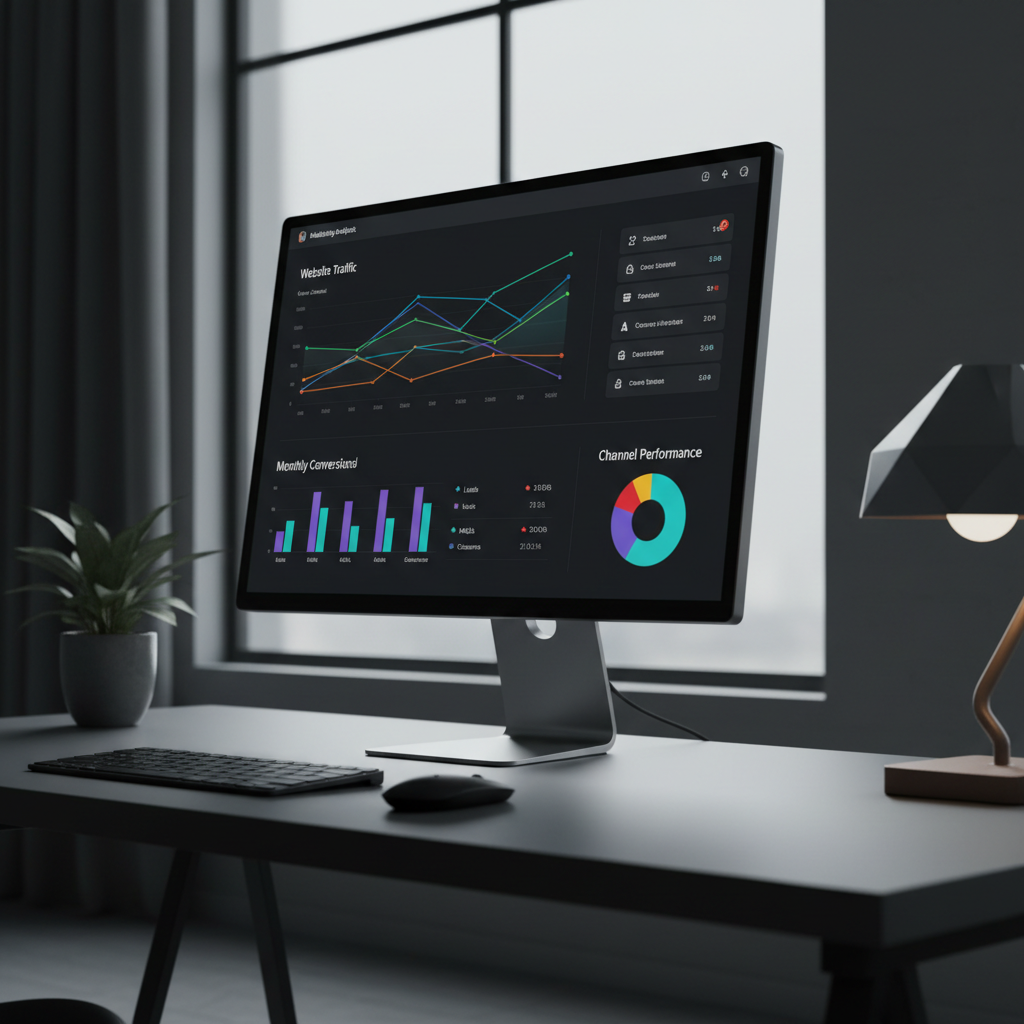 Google Analytics dashboard with traffic graphs and conversion data on monitor