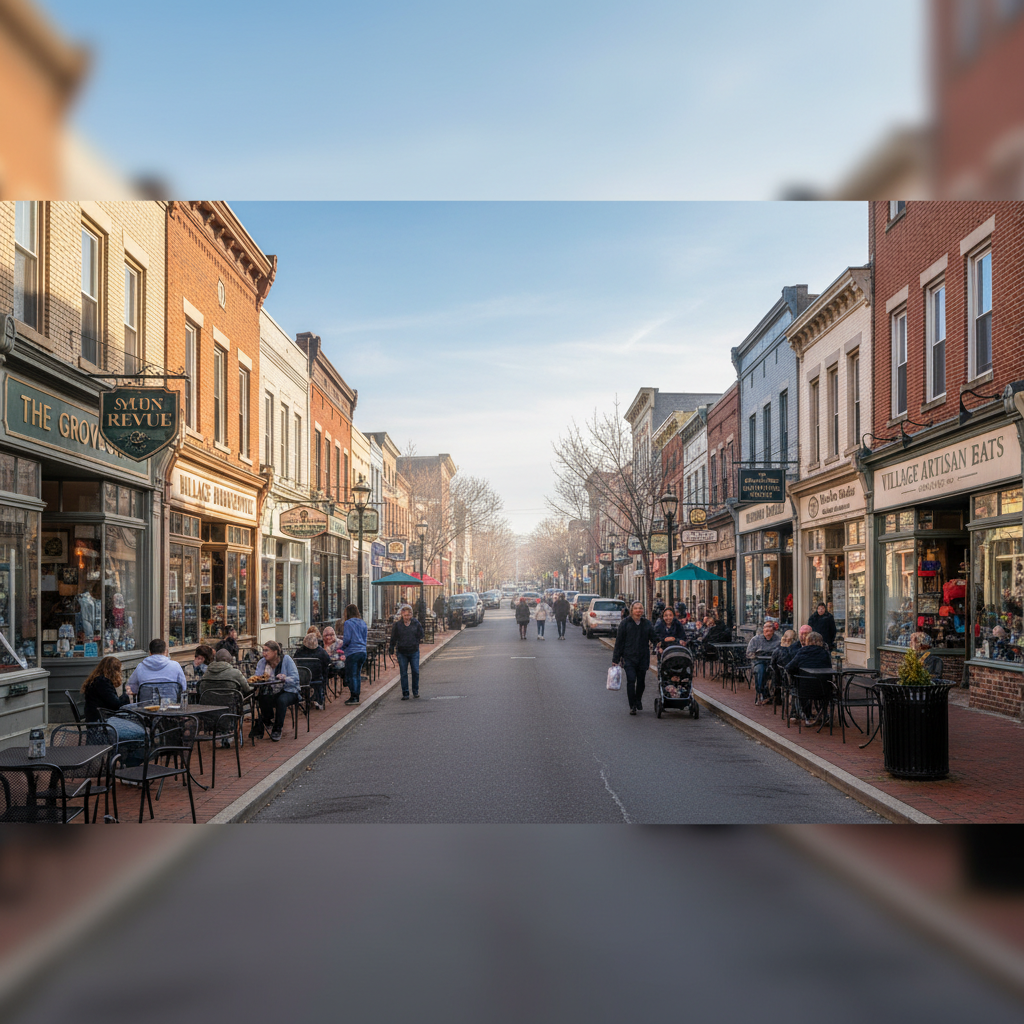 Huntington village main street with shops and restaurants