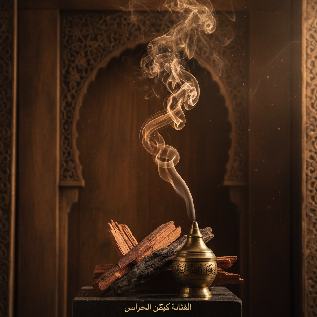 بخور مسك أبيض تقليدي مع دخان خفيف في ضوء ذهبي