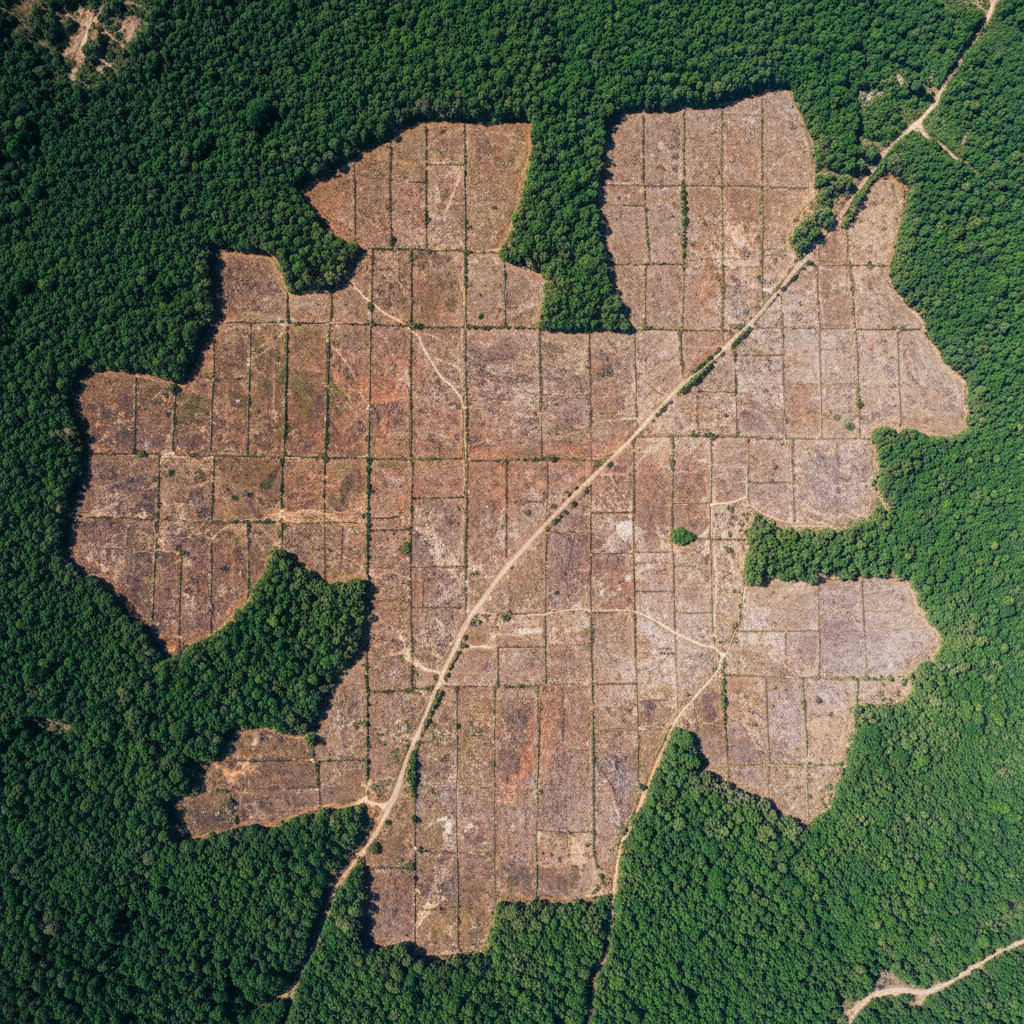 Satellite aerial view of forest management area showing AI-analyzed tree canopy and land use patterns from above
