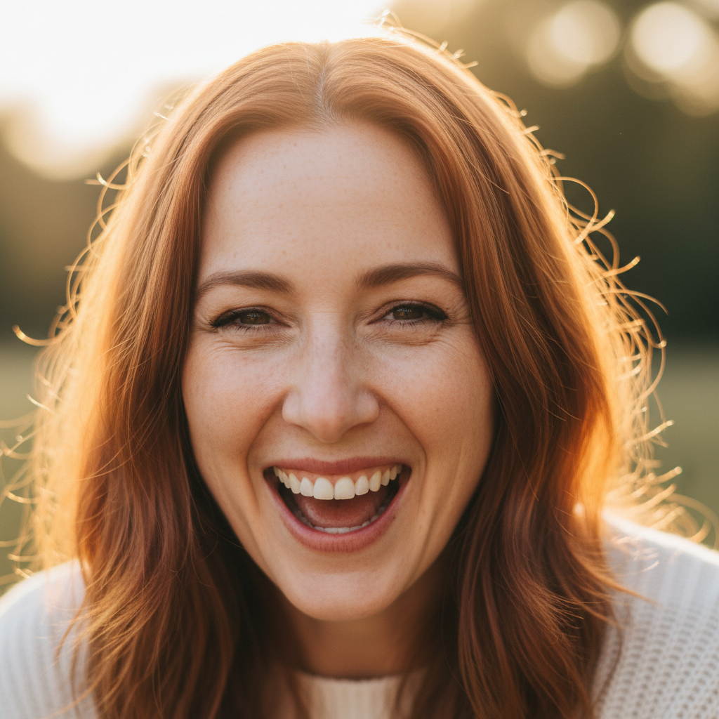 Portrait of a woman in her late 20s, bright natural background, genuine smile