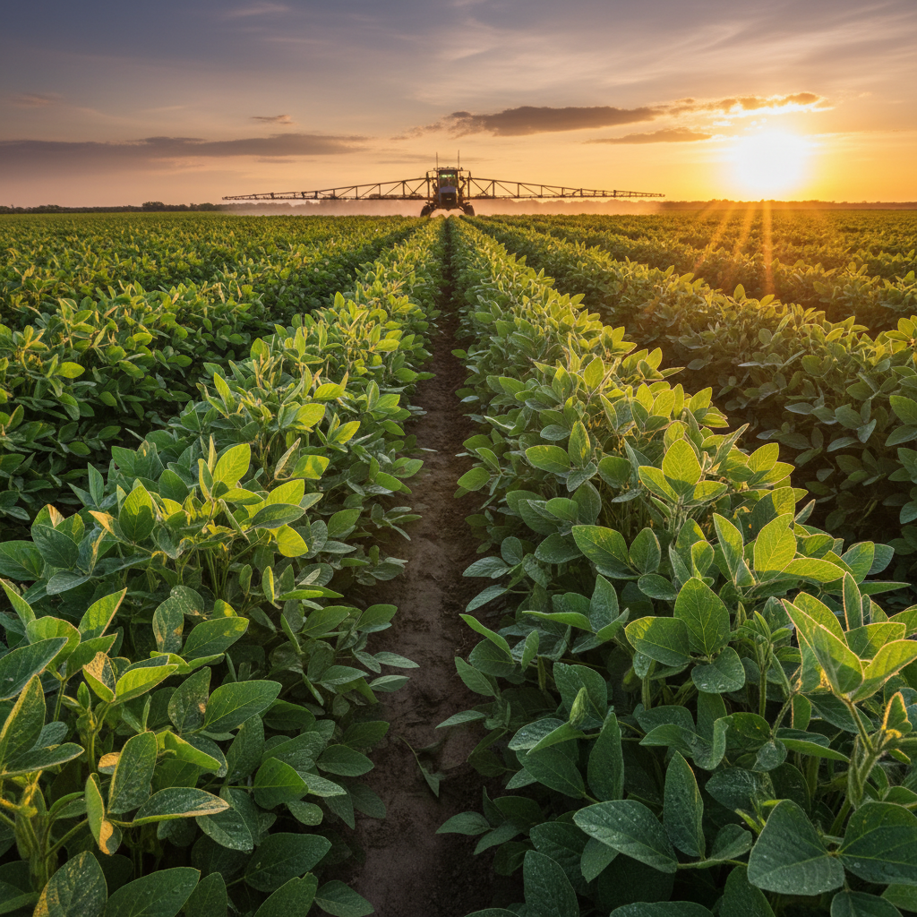 Soybean field at golden hour in South Dakota with spray equipment in background