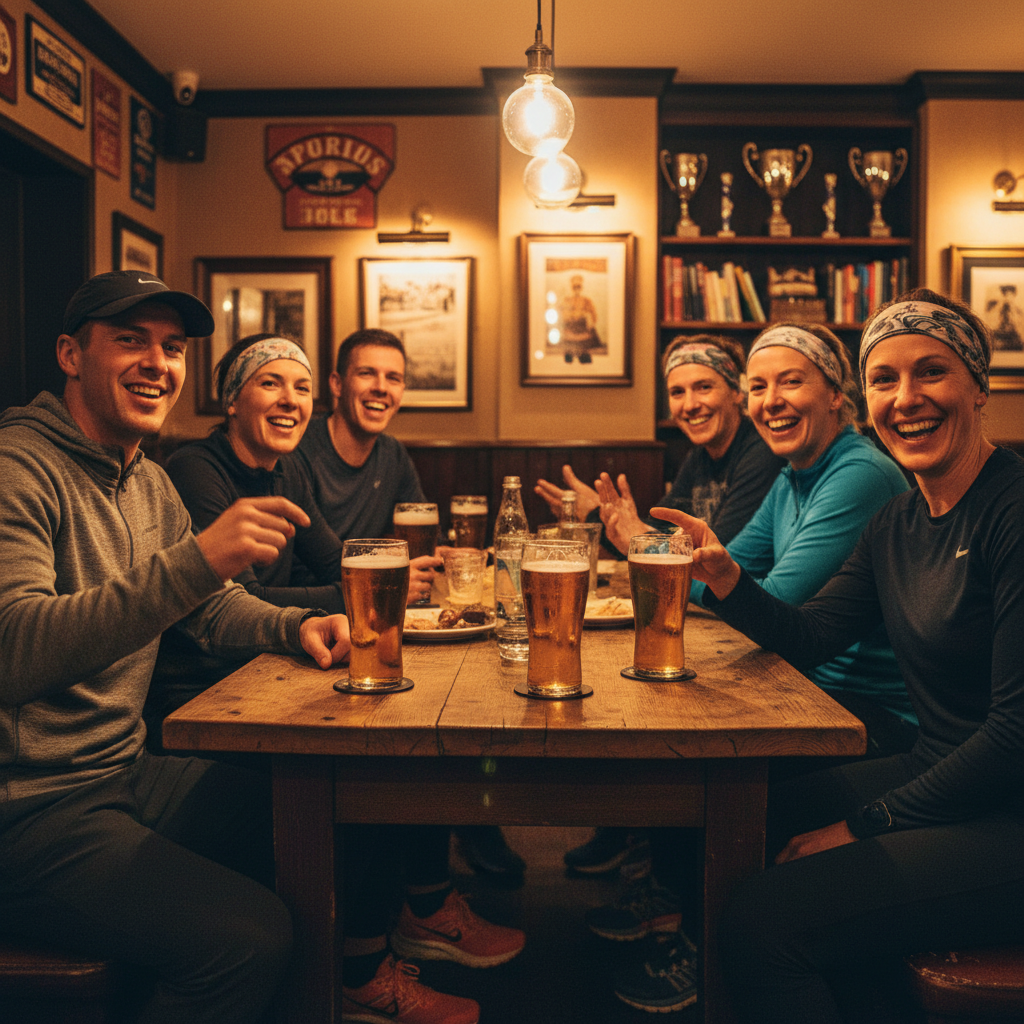 Post-run group at a pub table with pints, smiling and animated