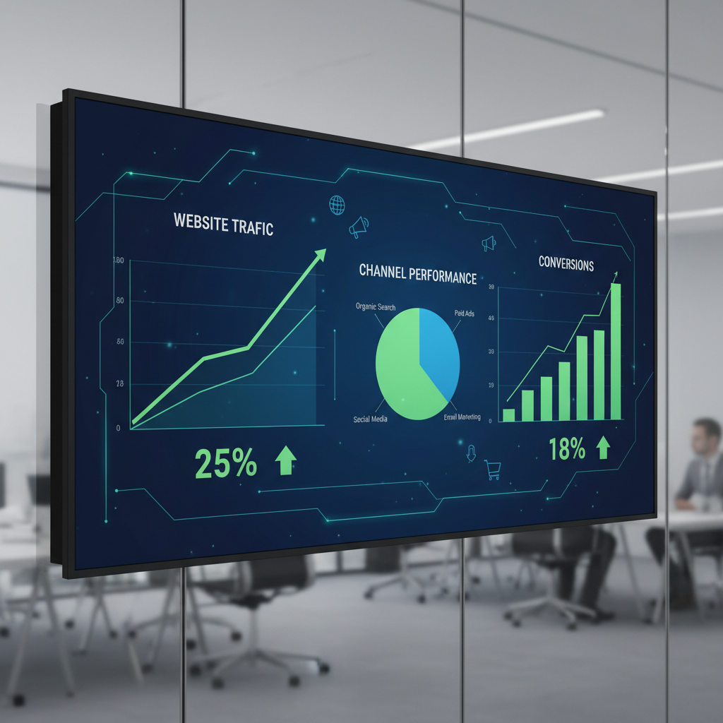 Marketing analytics dashboard on laptop screen showing upward trending graphs and metrics