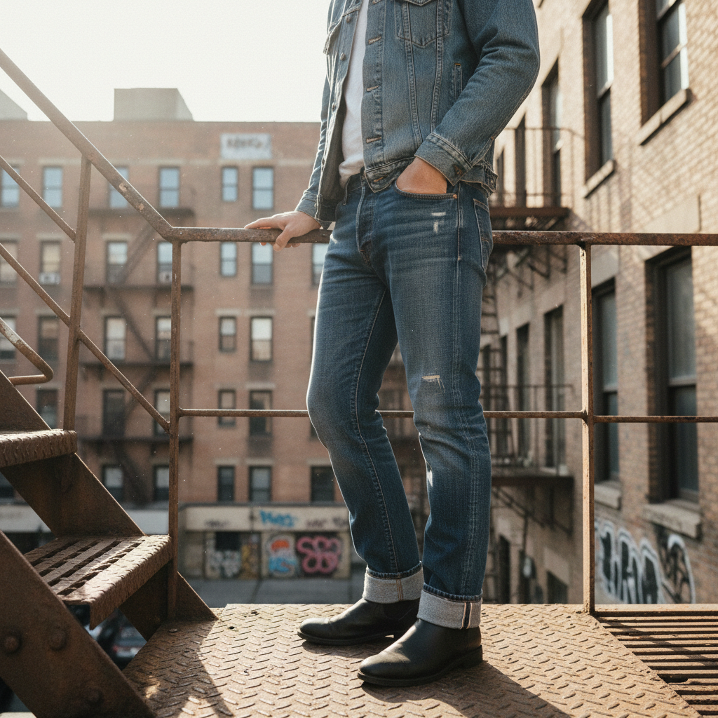 Person in cuffed 505 Levi's standing on a fire escape in faded indigo denim