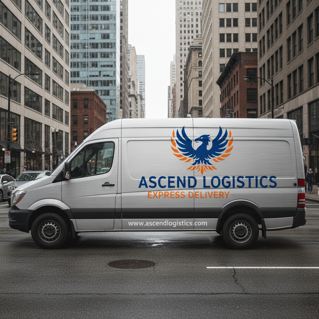 Branded commercial vehicle in urban setting, bold business graphics visible from distance
