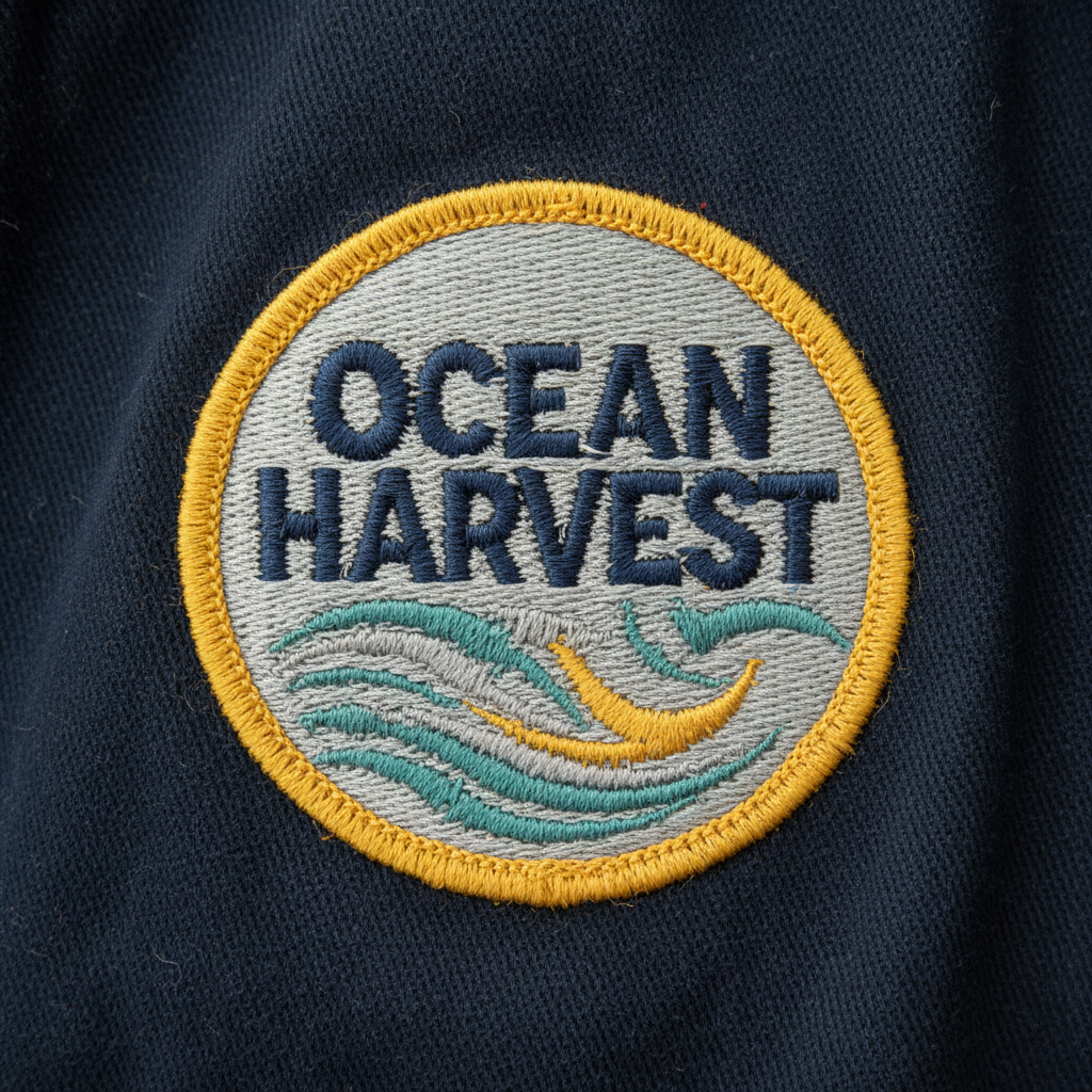 Close-up of embroidered company logo on dark navy workwear fabric, professional studio lighting