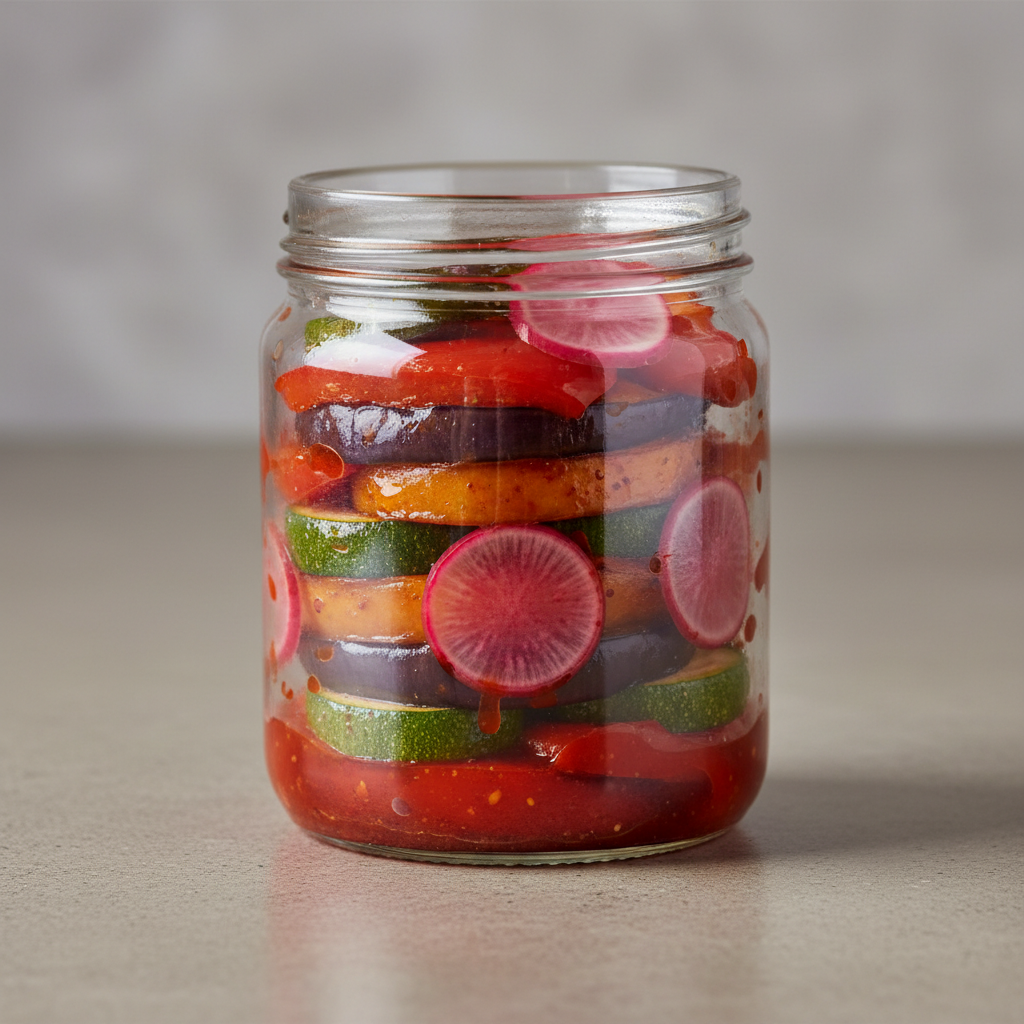 Glass jar with layered harissa-glazed vegetables and pickled radish in jewel tones