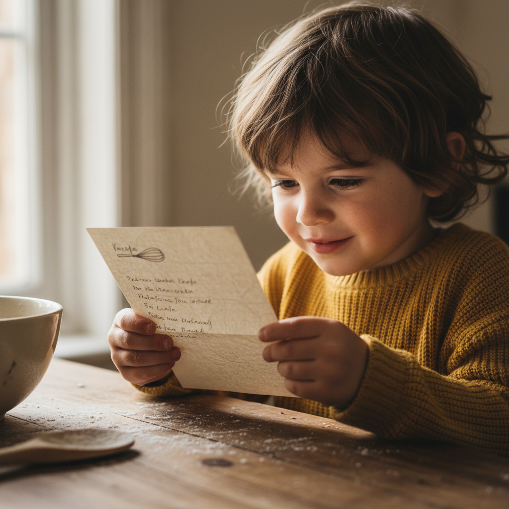 Child reading a recipe card at a wooden table