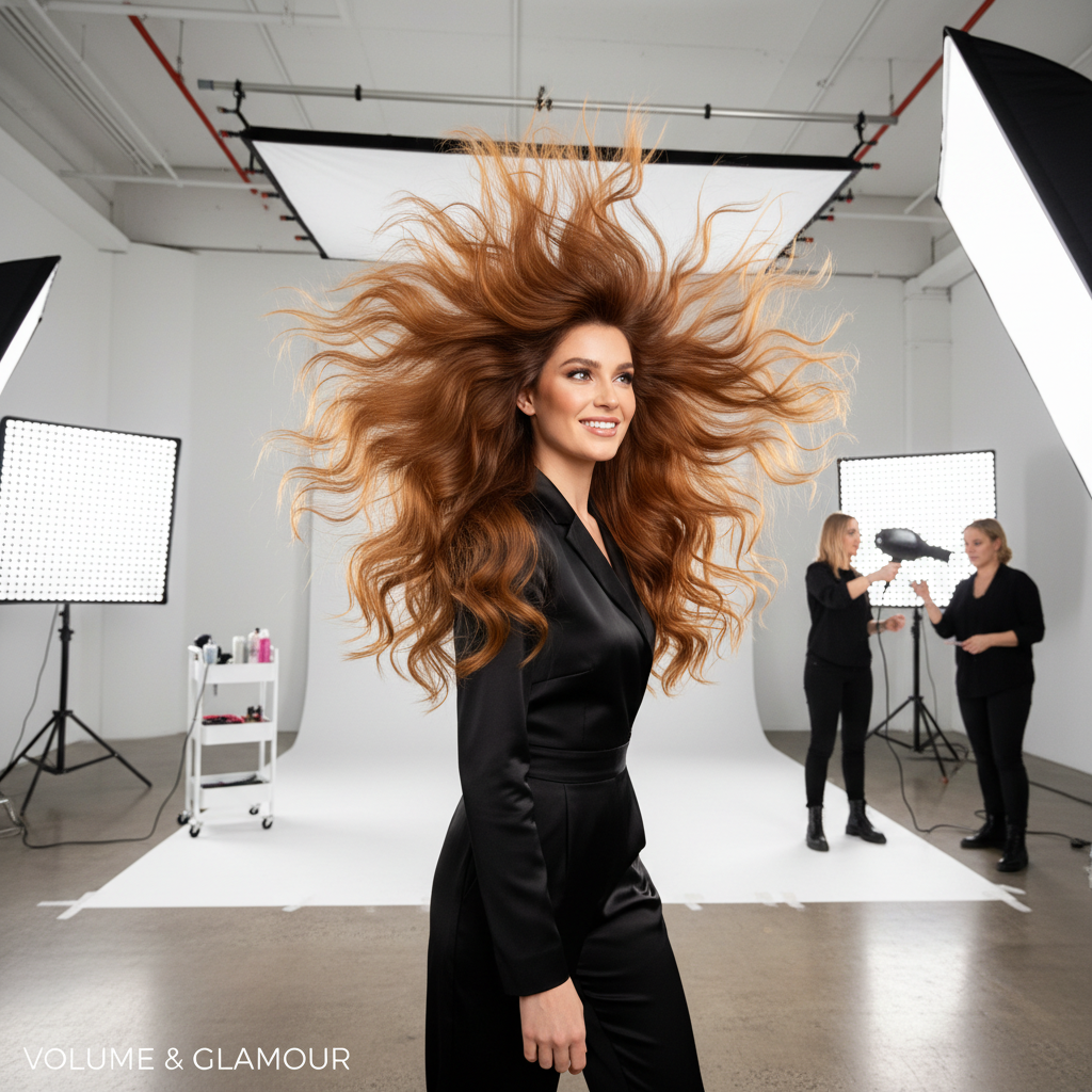 Editorial hair styling session with dramatic blowout and volume