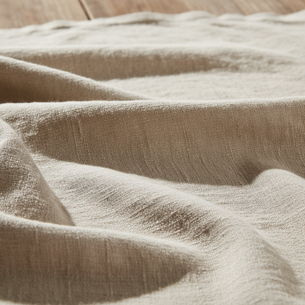 Close-up of natural linen fabric texture in warm cream tones, soft drape visible, natural light