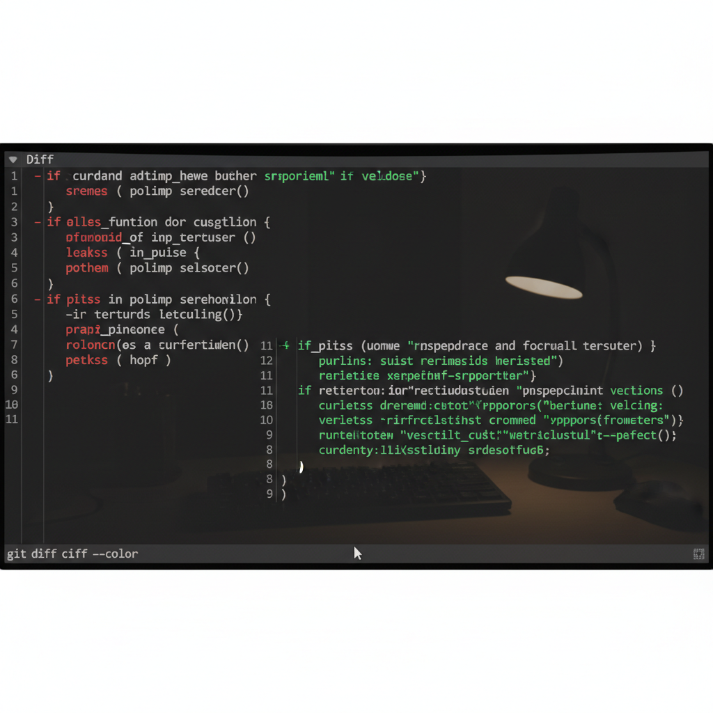 Terminal showing code diff with green additions and red deletions
