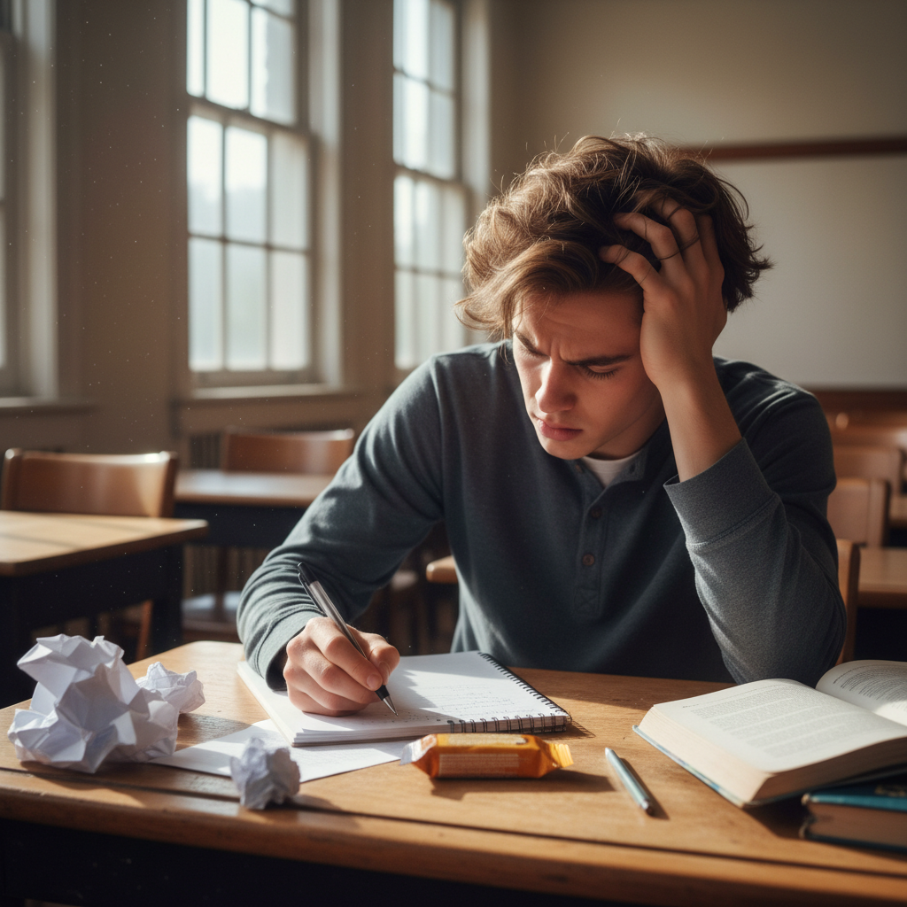 Student writing at desk in classroom, frustrated expression, papers spread out