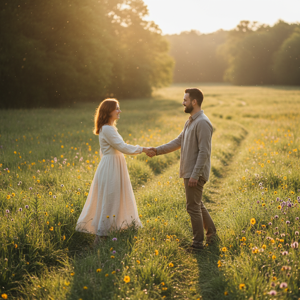 Wedding portrait — bride and groom dancing in a field of wildflowers at golden hour
