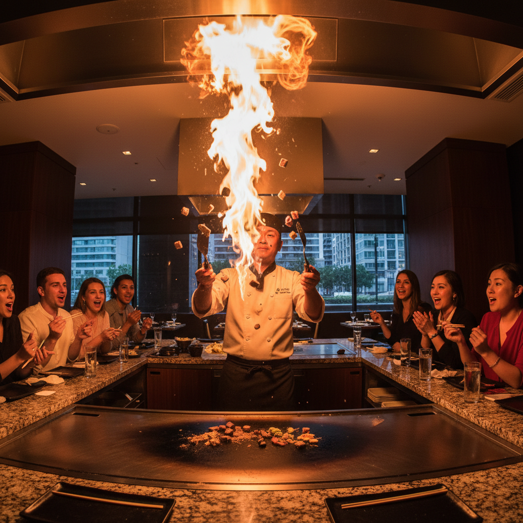 Teppanyaki chef mid-toss with column of fire erupting from the griddle, diners leaning in