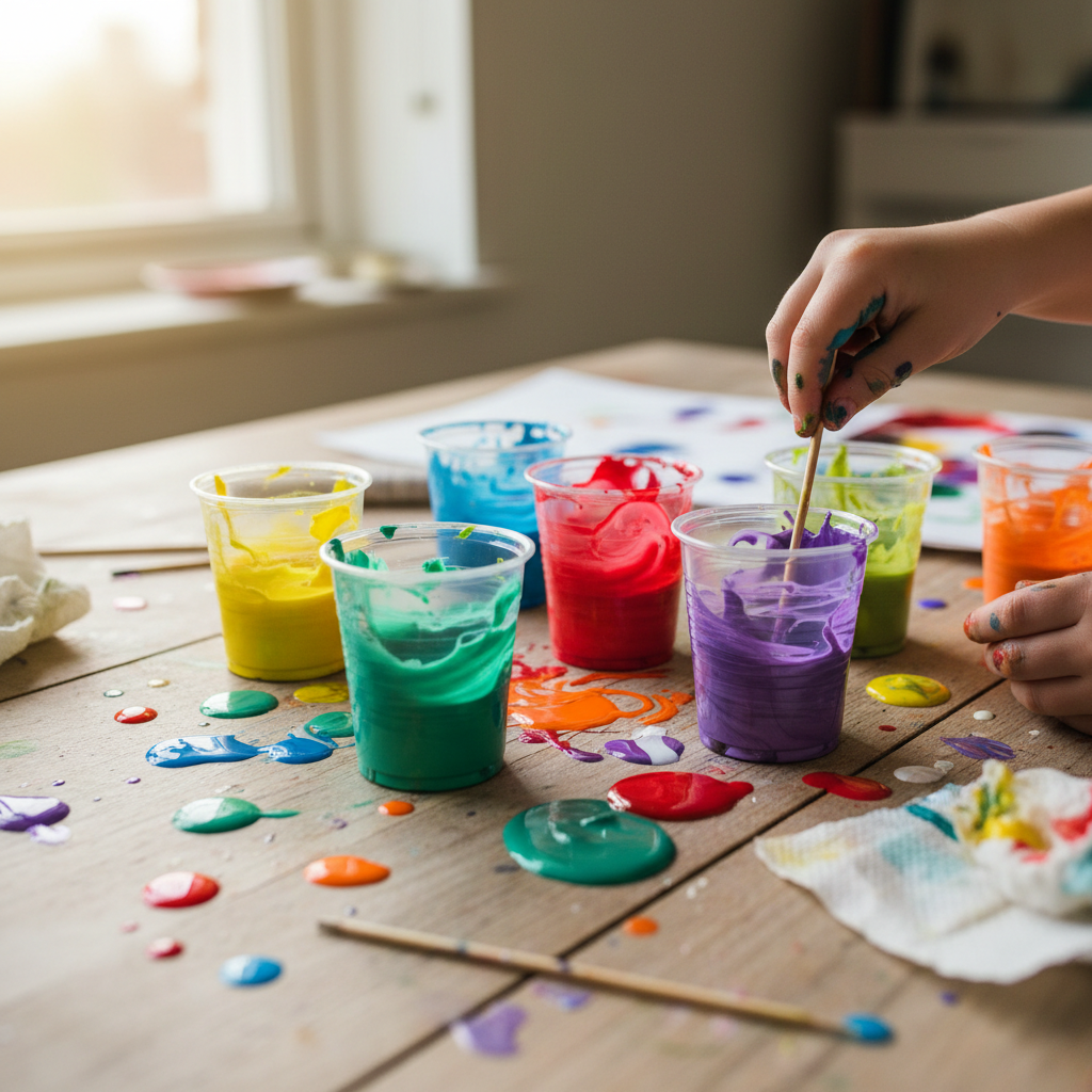 Child mixing bright paint colors together in small cups creating new colors on a table