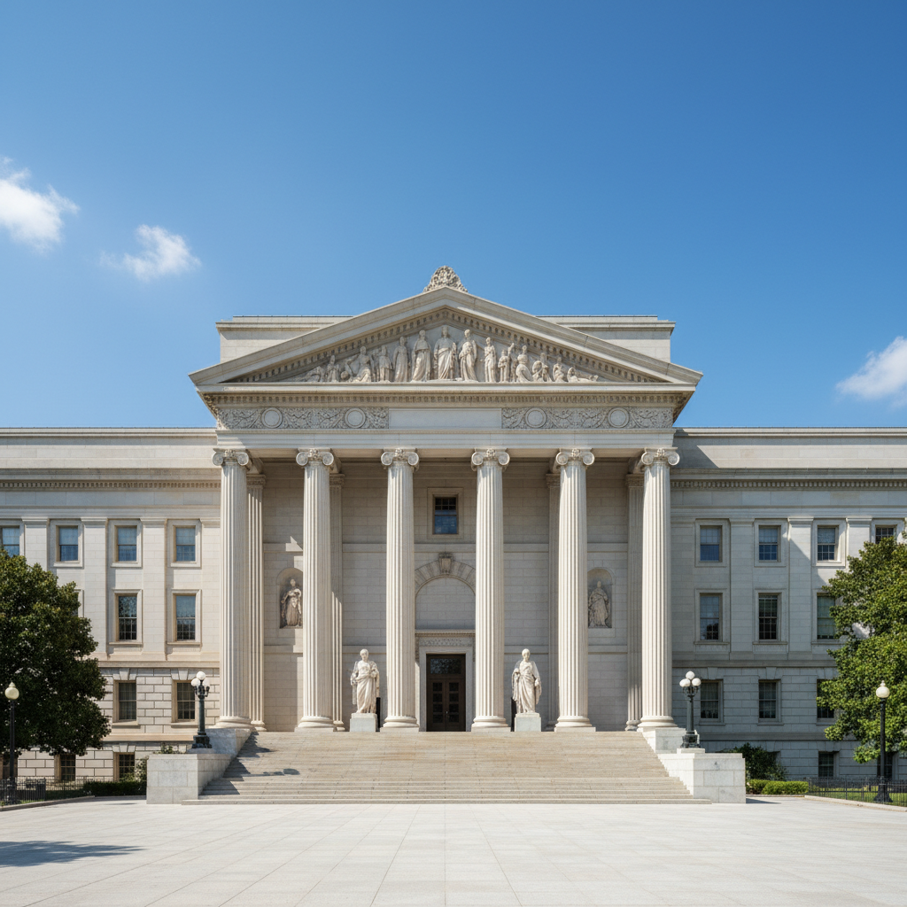 Grand government building architecture, monumental columns, bright daylight, formal institutional setting