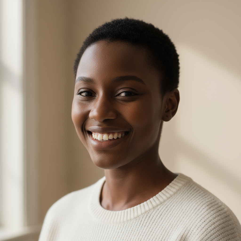 Profile photo of a young woman with dark hair, neutral studio background