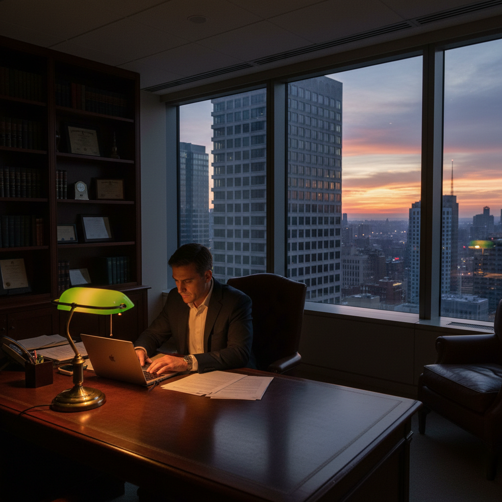 Corner office at dusk with city skyline visible through panoramic glass wall, warm desk lamp glow