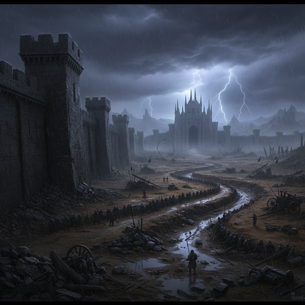 Dark stormy battle environment with dramatic lighting, intense game atmosphere deep shadows