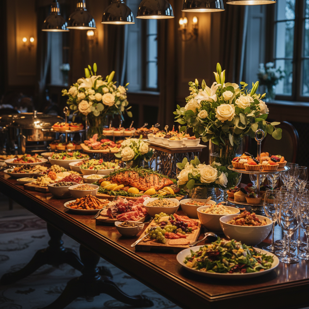 Elegant catering buffet spread with colourful dishes, professional presentation, bright airy dining room