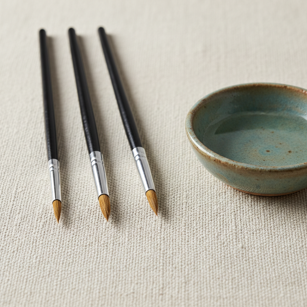 Fine detail artist brushes — Kolinsky sable sizes 0 through 3 — arranged on a linen surface beside a ceramic water dish