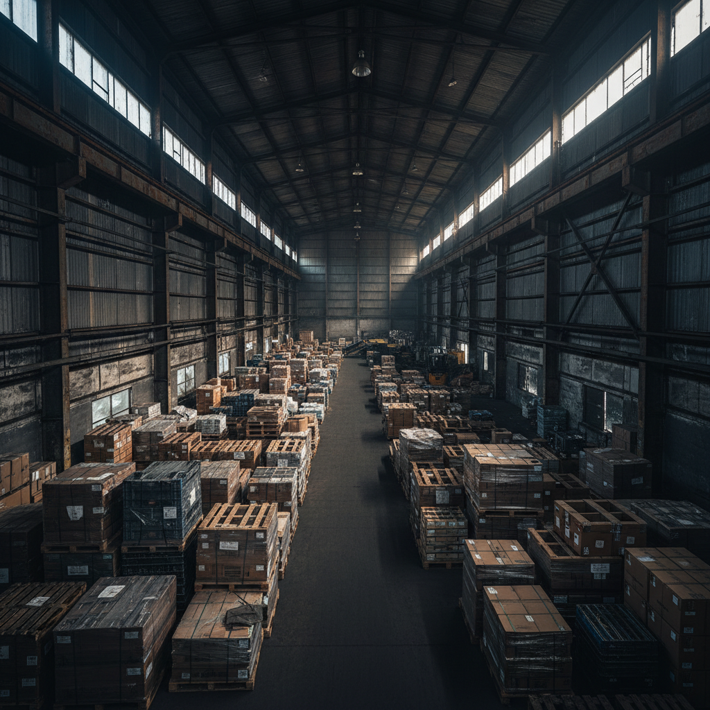 Industrial warehouse shelving with boxes and supplies in dim warehouse lighting, dark steel shelves, atmospheric storage environment
