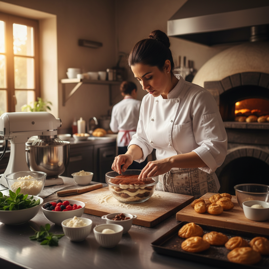 Chef Elena Marchetti in her restaurant kitchen, focused on plating a delicate Italian dish