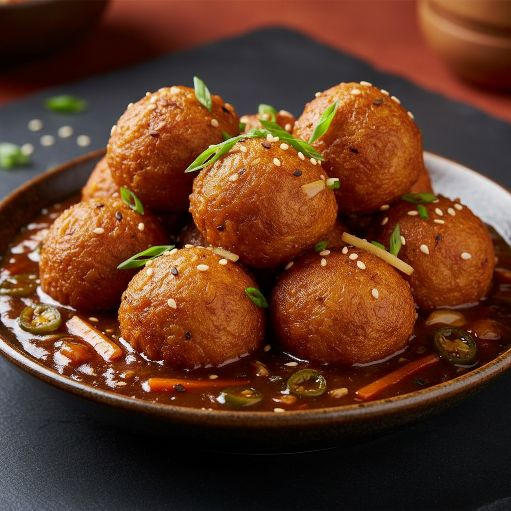 Spicy manchurian with vibrant red sauce, dark background, restaurant plating