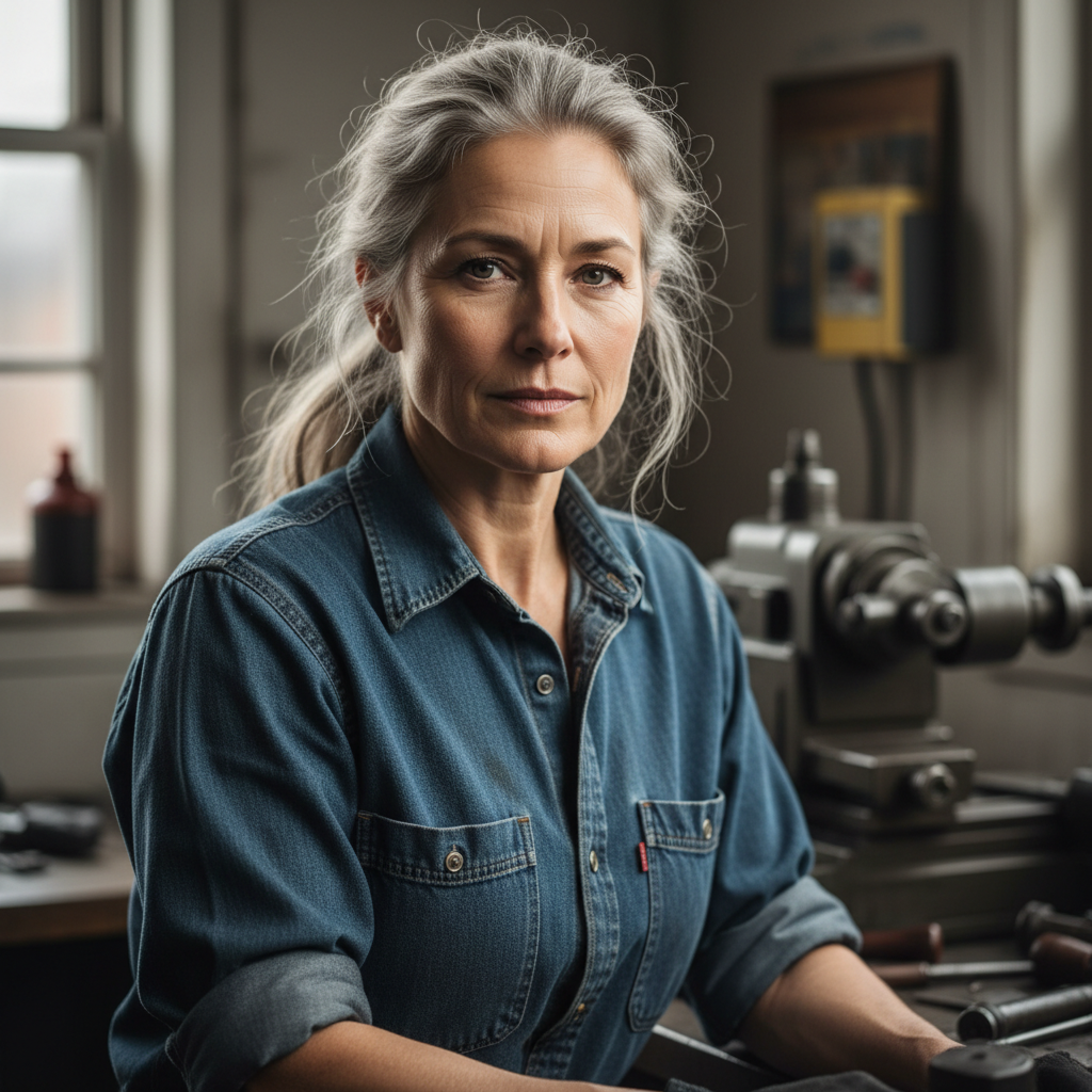 Portrait of Darlene Kowalski, master machinist with 38 years experience, looking directly at camera