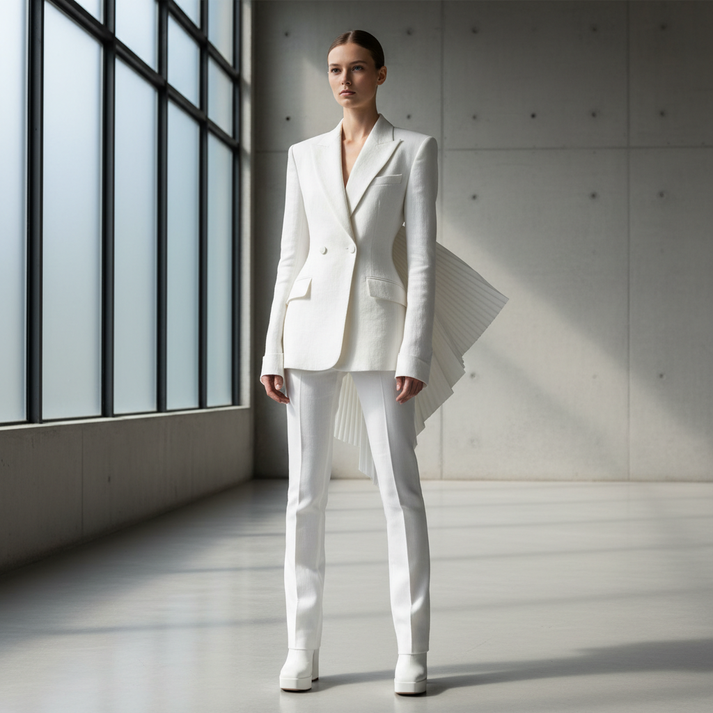 Model wearing charcoal structured blazer in a minimal editorial setting