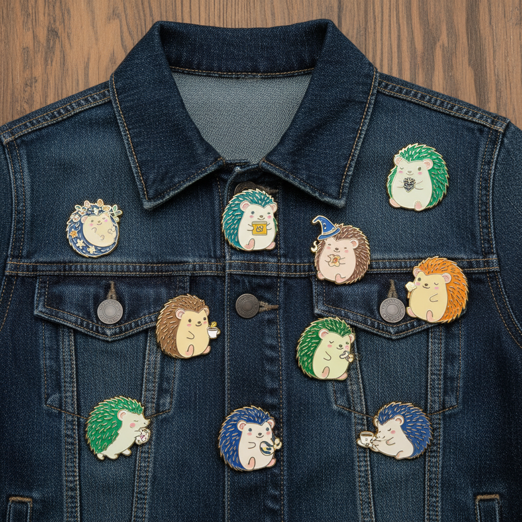 Flat lay of hedgehog enamel pins arranged on a denim jacket on a wooden table