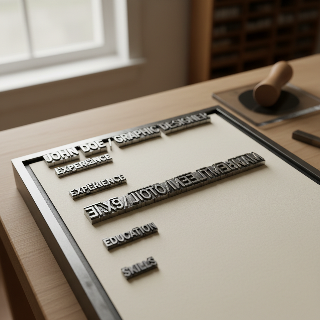 Close-up of letterpress typography system showing precisely kerned type for a designer résumé