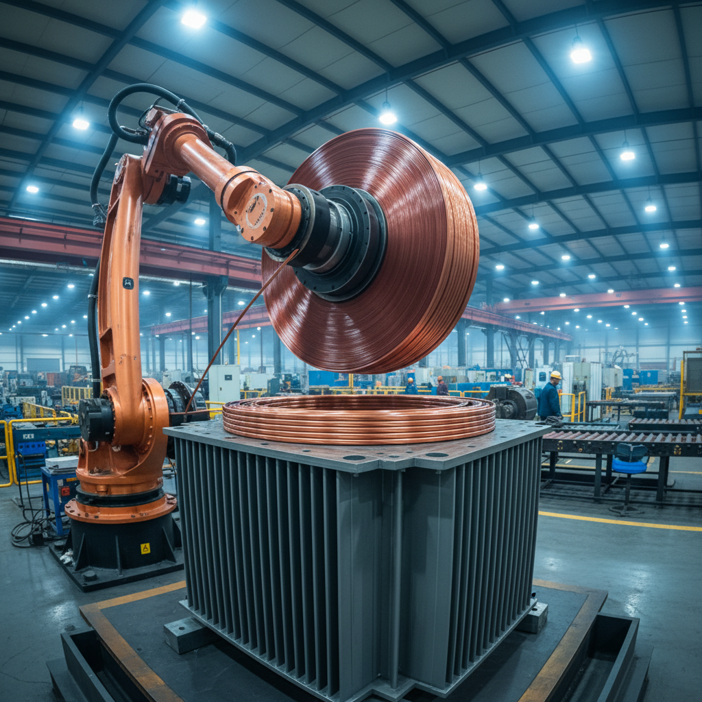 Factory interior showing robotic copper winding arm spiraling conductor onto laminated transformer core