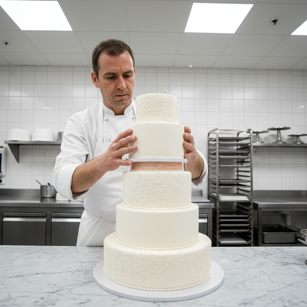 Baker carefully stacking and aligning wedding cake tiers in a professional kitchen with precise tools