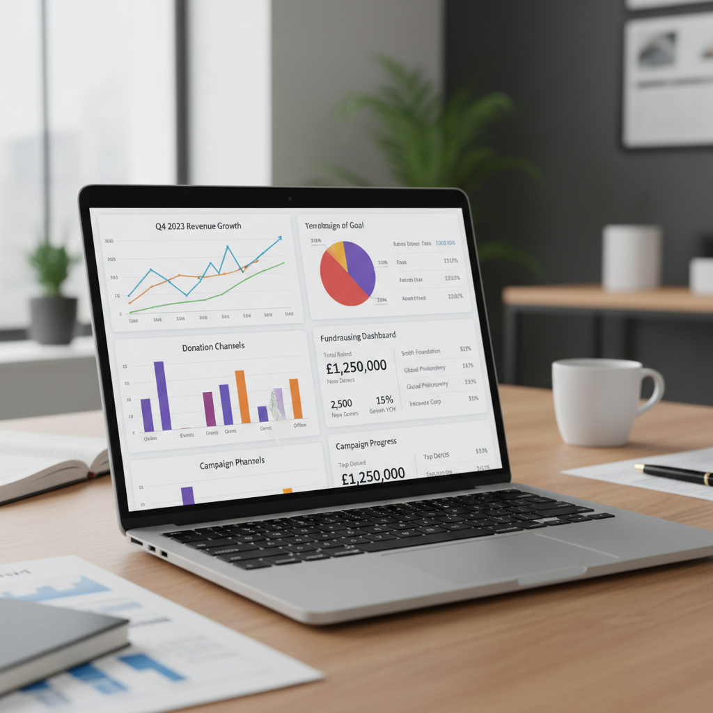 Financial charts and fundraising data on a laptop screen