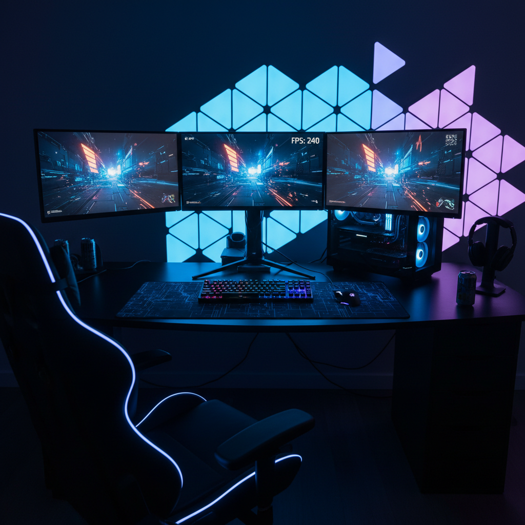 Gaming setup with multiple monitors showing FPS game
