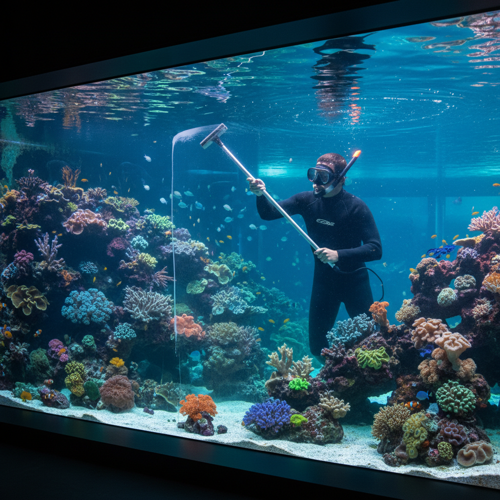 Aquarium technician performing maintenance on a large reef tank, cleaning glass with a magnetic scraper