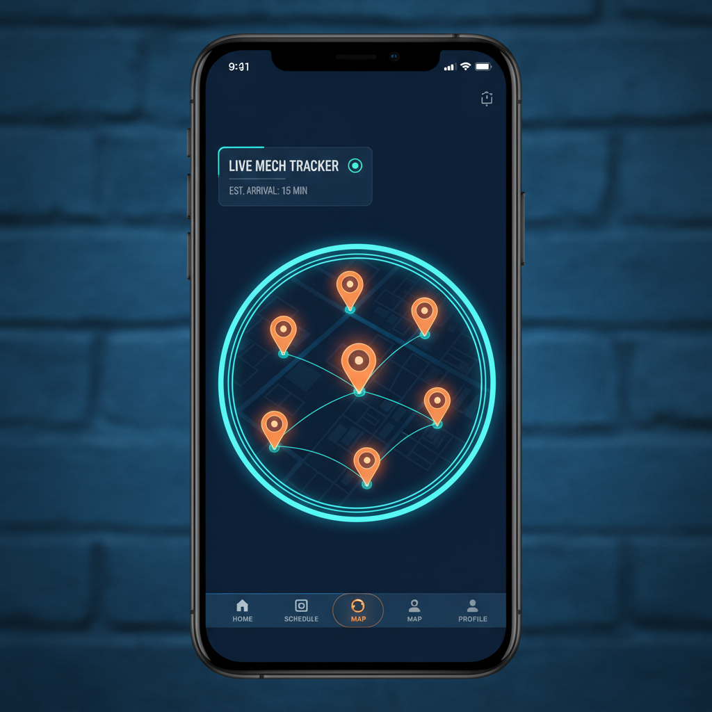 MechTech app interface showing mechanic tracking map with dark blue UI and orange location pins