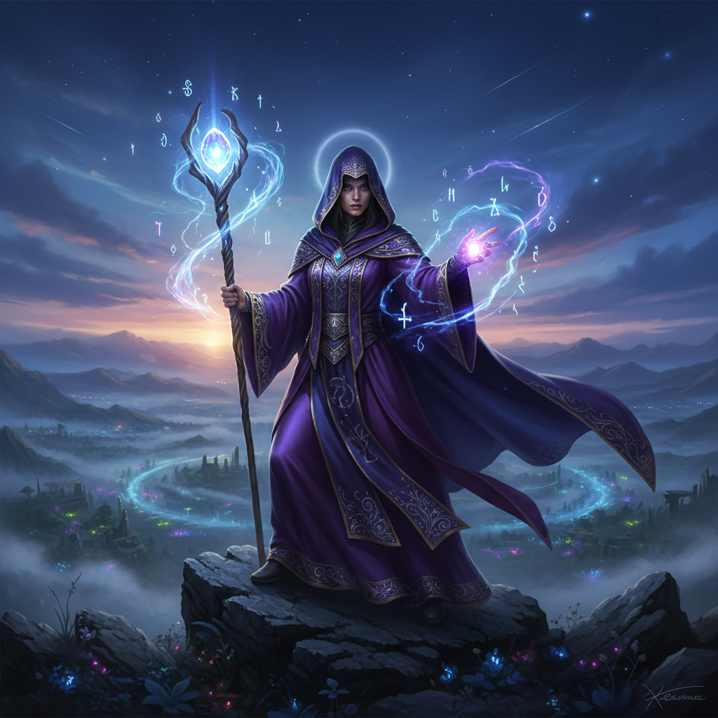 Mystic Sage - Karakter mage mistis dengan jubah ungu berkilau dan tongkat sihir yang memancarkan energi magis berwarna neon dalam setting cyberpunk futuristik
