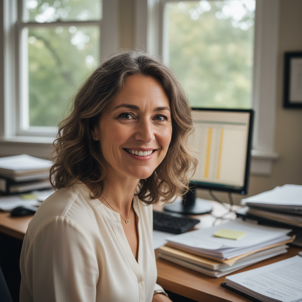 Professional woman in her 40s seated at desk in modern office, looking directly at camera with calm authority